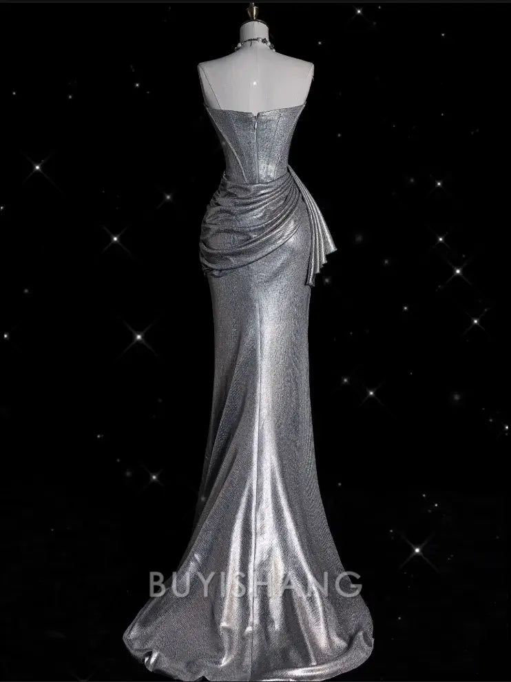 Buyishang Sexy Mermaid Strapless Sequin Silver Evening Gowns Long Prom Dresses