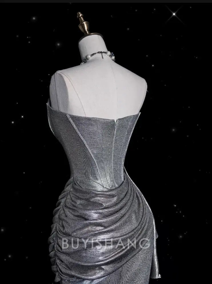 Buyishang Sexy Mermaid Strapless Sequin Silver Evening Gowns Long Prom Dresses