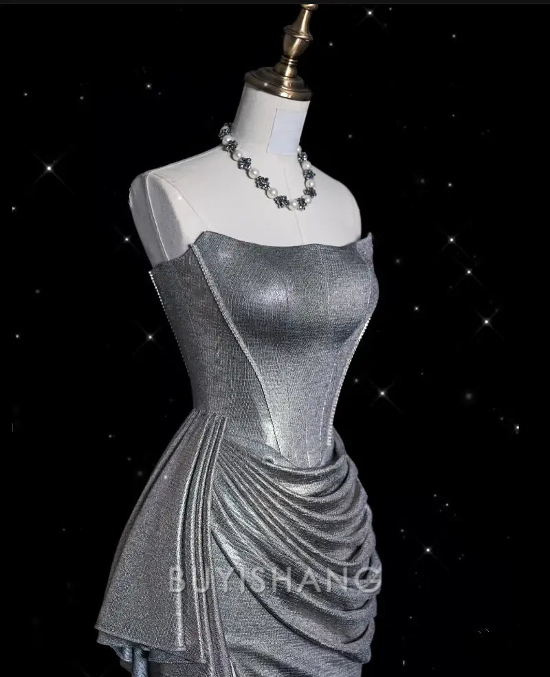Buyishang Sexy Mermaid Strapless Sequin Silver Evening Gowns Long Prom Dresses
