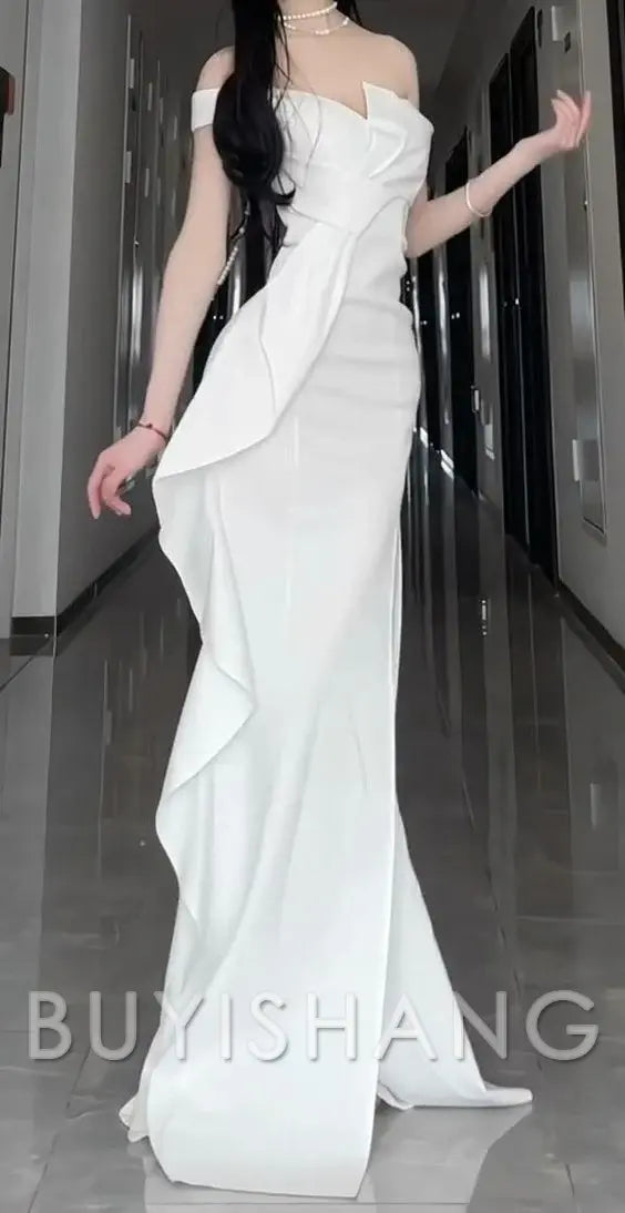 Buyishang Sexy Mermaid Strapless White Satin Long Evening Gowns Prom Dresses