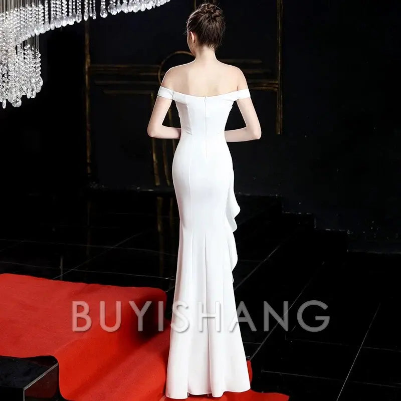 Buyishang Sexy Mermaid Strapless White Satin Long Evening Gowns Prom Dresses