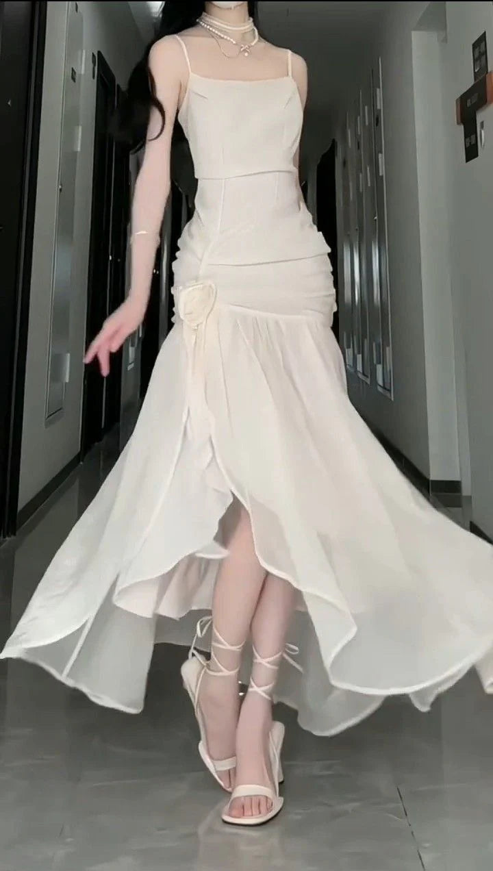 Buyishang Sexy Mermaid Straps Ivory Chiffon Long Evening Gowns Prom Dresses