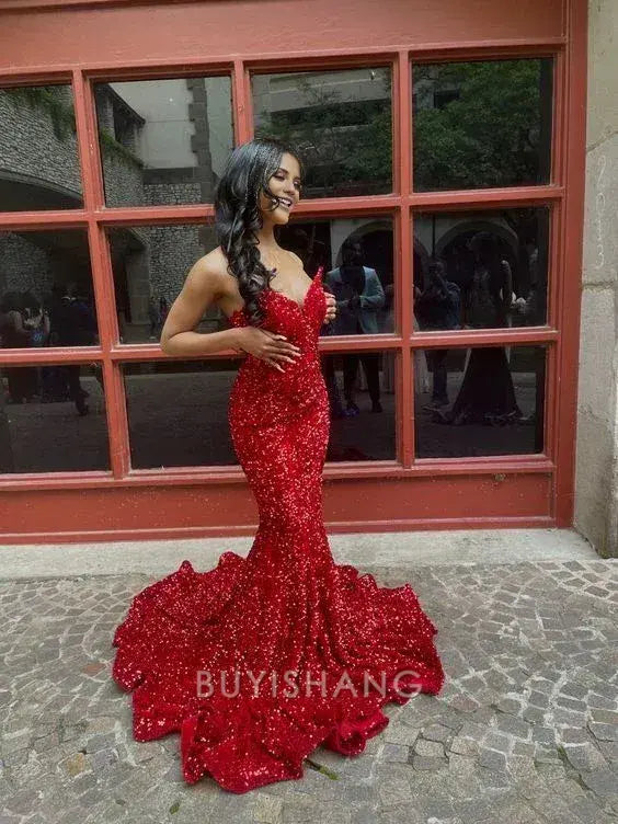 Buyishang Sexy Mermaid Sweetheart Sequin Red Long Prom Dresses Party Dress