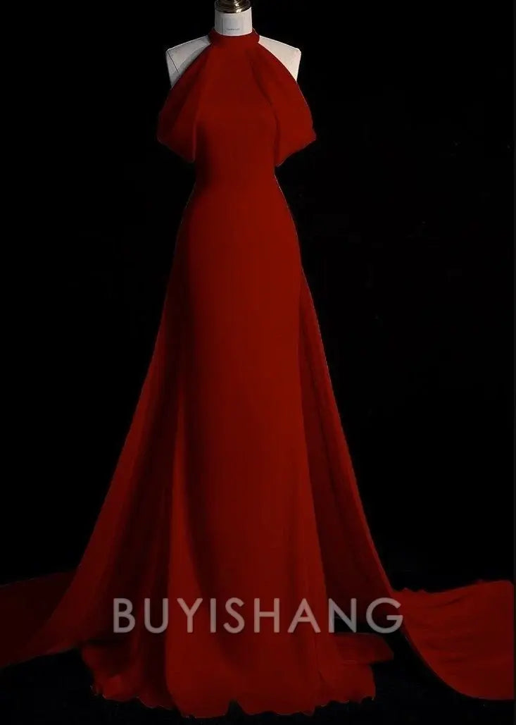 Buyishang Sexy Sheath Halter Red Satin Long Prom Dress Evening Dress Formal Dress