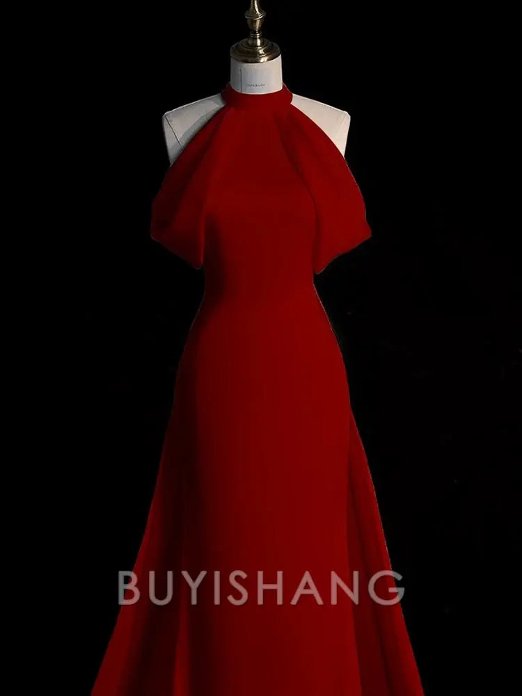 Buyishang Sexy Sheath Halter Red Satin Long Prom Dress Evening Dress Formal Dress