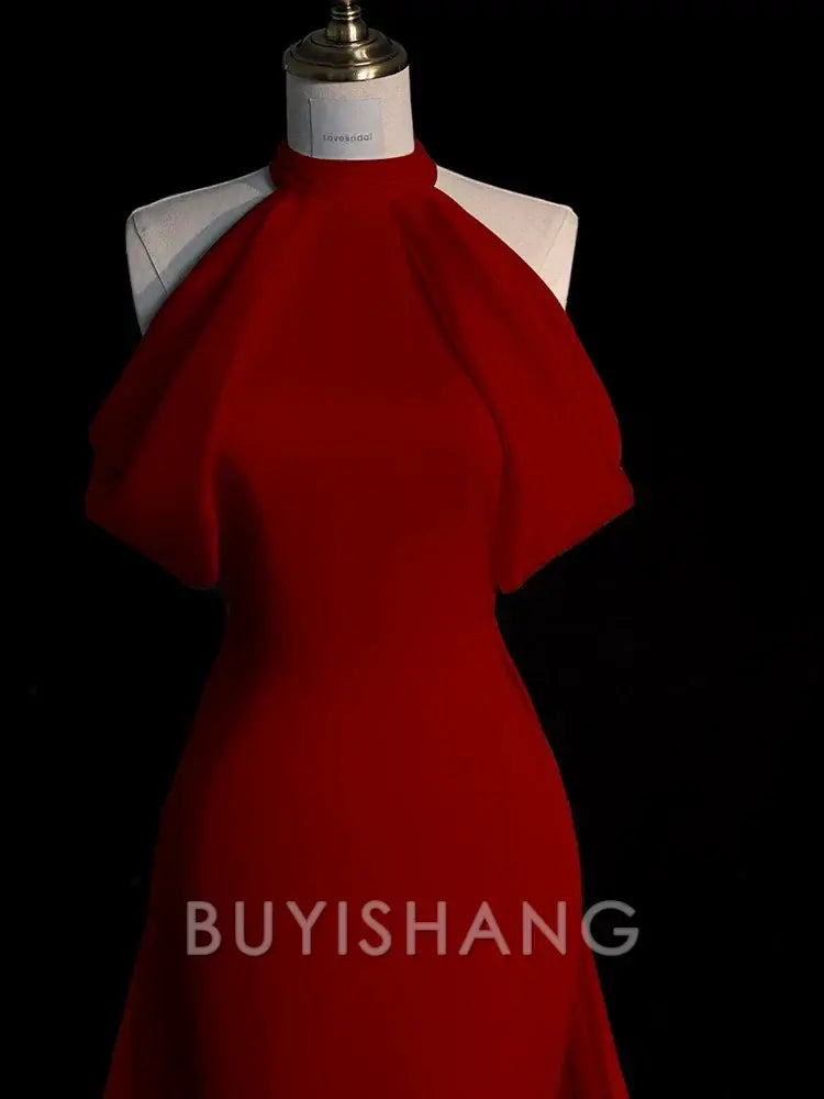 Buyishang Sexy Sheath Halter Red Satin Long Prom Dress Evening Dress Formal Dress