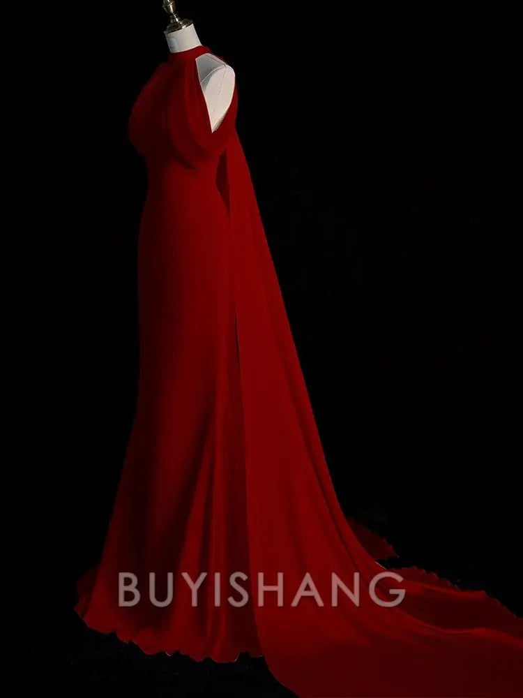 Buyishang Sexy Sheath Halter Red Satin Long Prom Dress Evening Dress Formal Dress