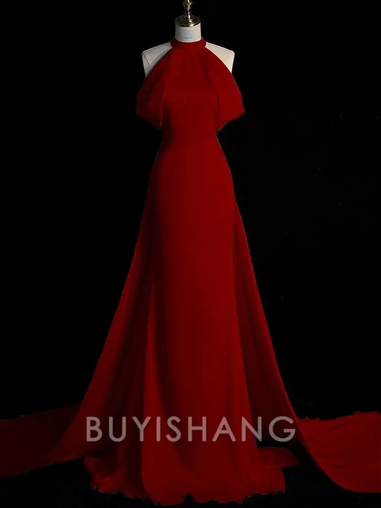 Buyishang Sexy Sheath Halter Red Satin Long Prom Dress Evening Dress Formal Dress