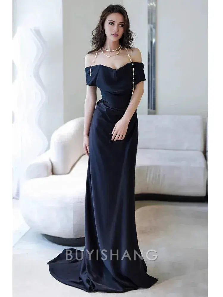 Buyishang Sexy Sheath Off The Shoulder Navy Blue Satin Floor Length Evening Dress Prom Dresses