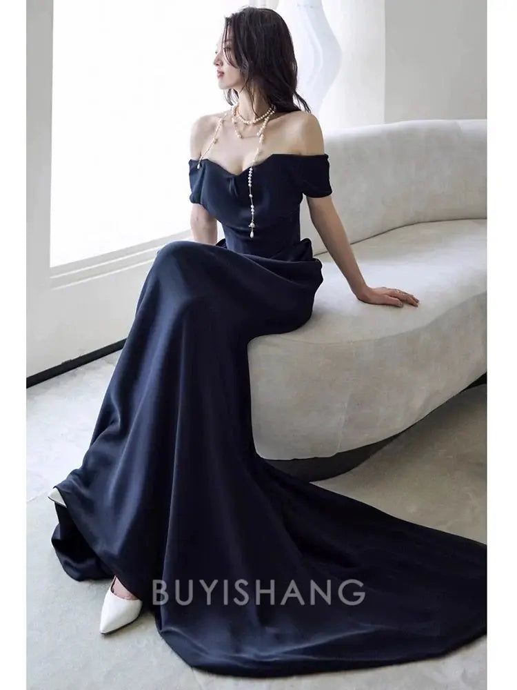Buyishang Sexy Sheath Off The Shoulder Navy Blue Satin Floor Length Evening Dress Prom Dresses
