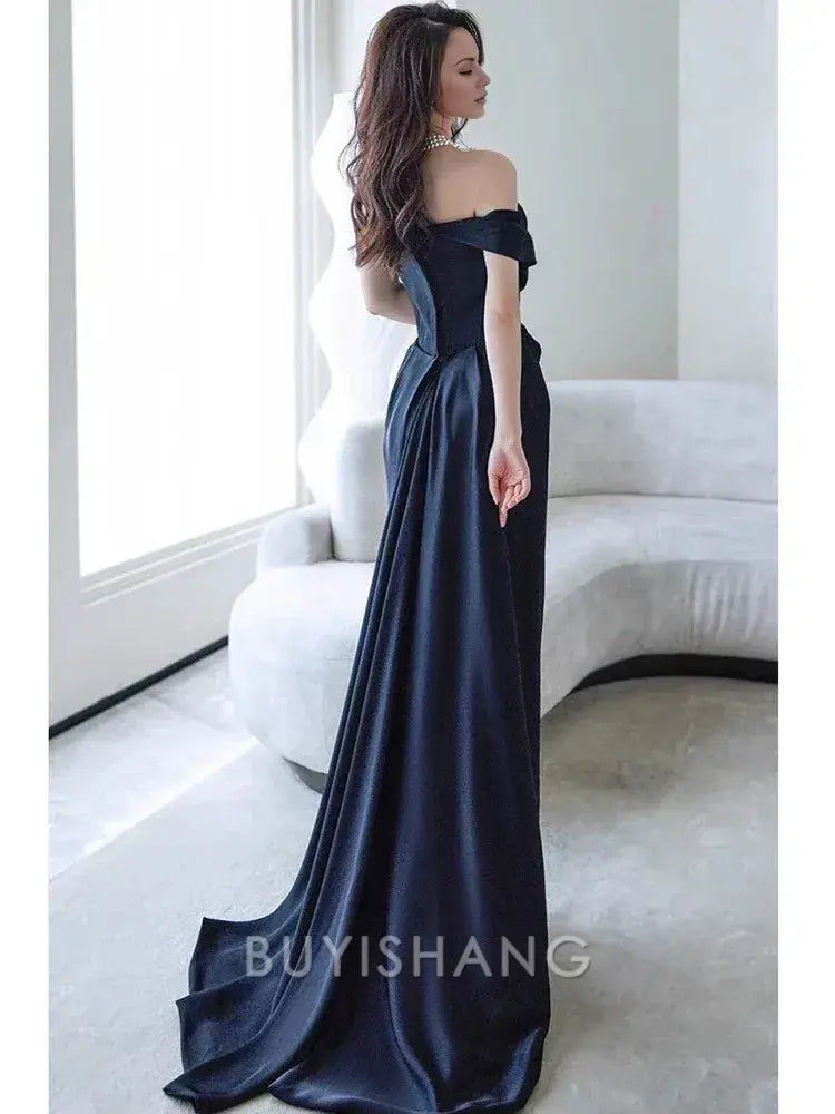 Buyishang Sexy Sheath Off The Shoulder Navy Blue Satin Floor Length Evening Dress Prom Dresses