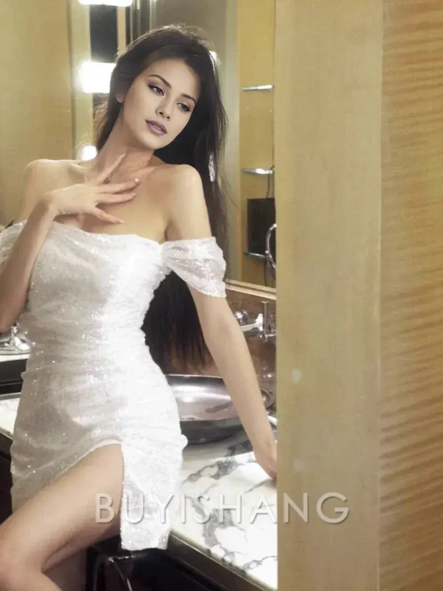 Buyishang Sexy Sheath Off The Shoulder Sequin Short Homecoming Dress Birthday Outfits