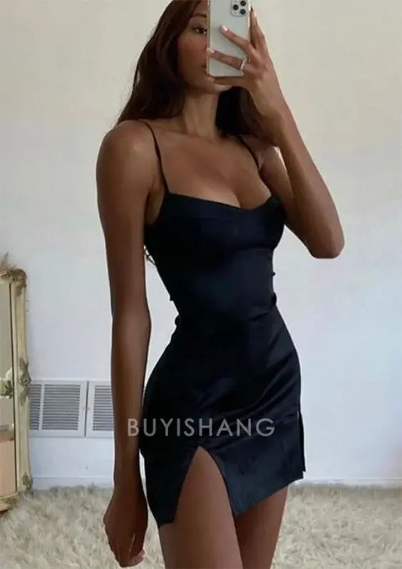 Buyishang Sexy Sheath Spaghetti Straps Navy Blue Homecoming Dresses Short Hoco Dress For Teens