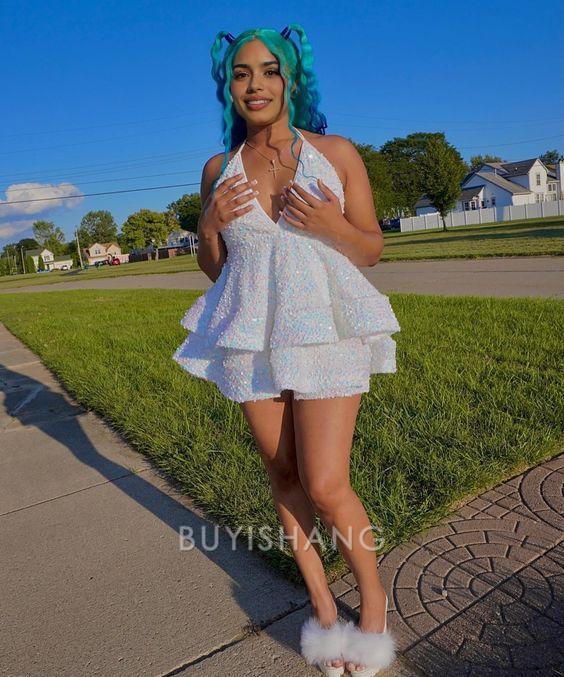 Buyishang Sexy Short White Homecoming Dress Sequins Pink Black Party Dresses for Women