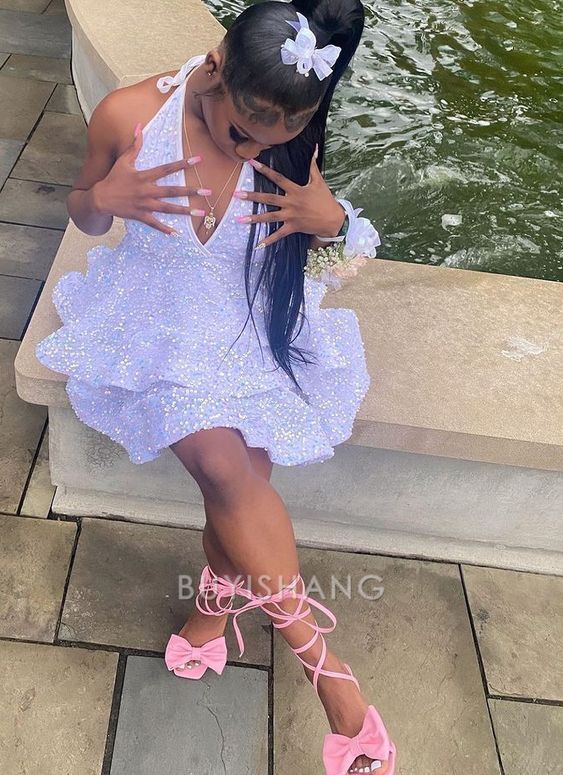 Buyishang Sexy Short White Homecoming Dress Sequins Pink Black Party Dresses for Women