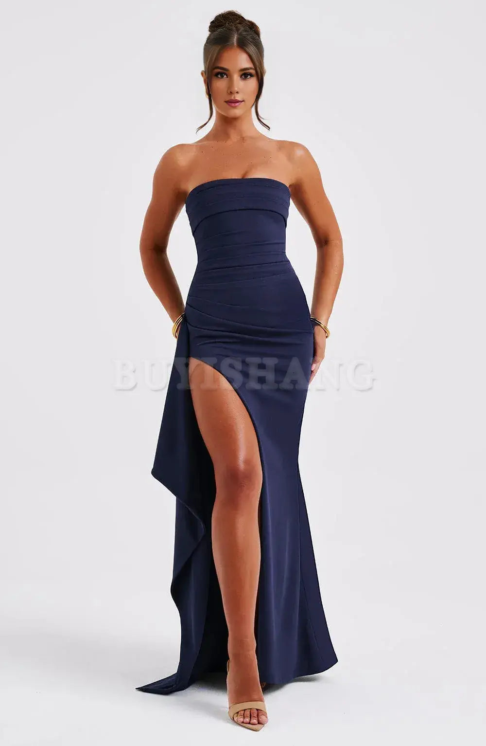Buyishang Sexy Strapless Prom Dresses for Women Satin Backless High Split Evening Gowns Ruched Formal Dress