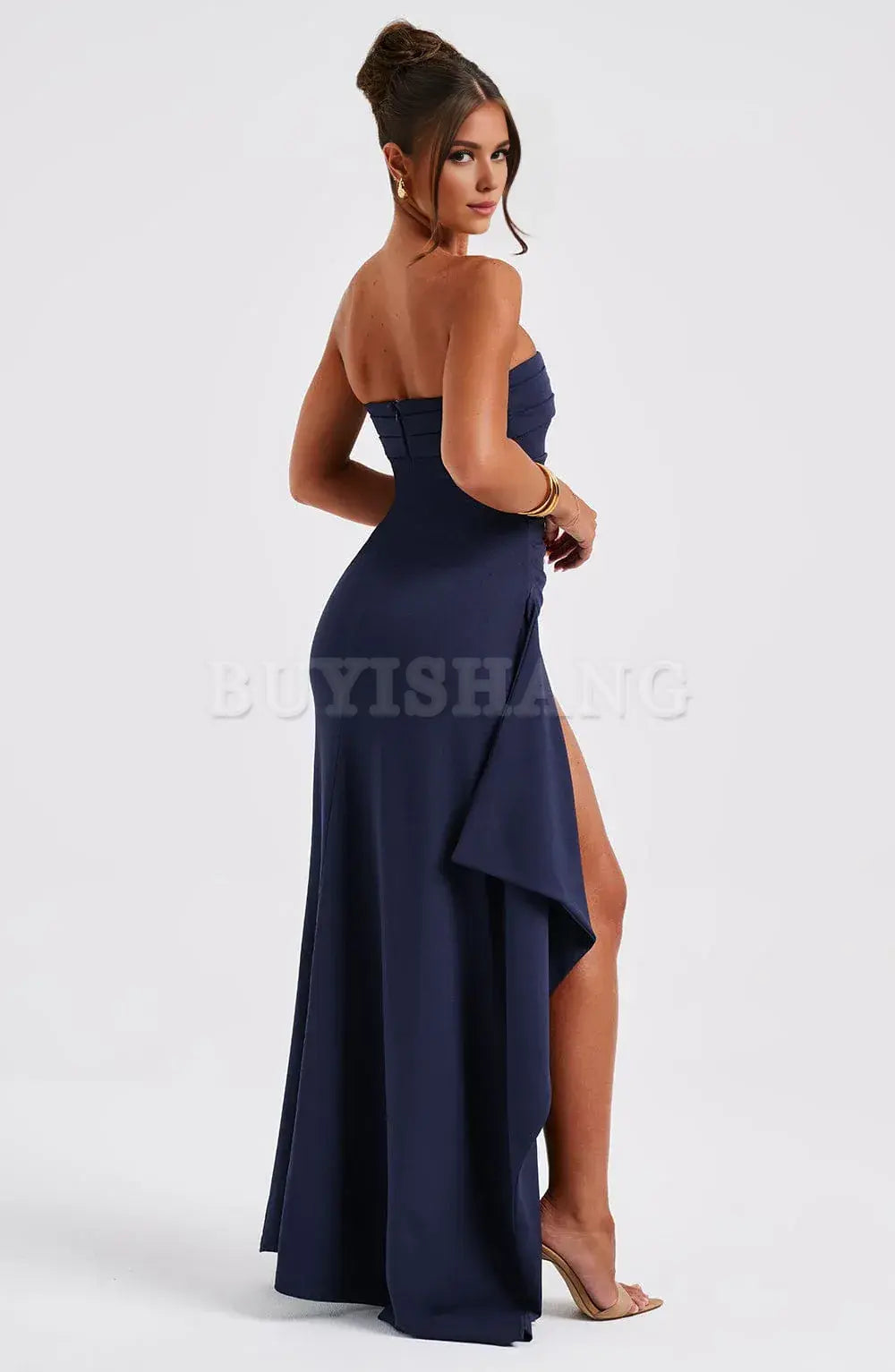 Buyishang Sexy Strapless Prom Dresses for Women Satin Backless High Split Evening Gowns Ruched Formal Dress