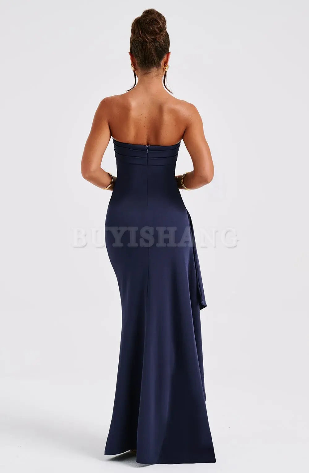 Buyishang Sexy Strapless Prom Dresses for Women Satin Backless High Split Evening Gowns Ruched Formal Dress