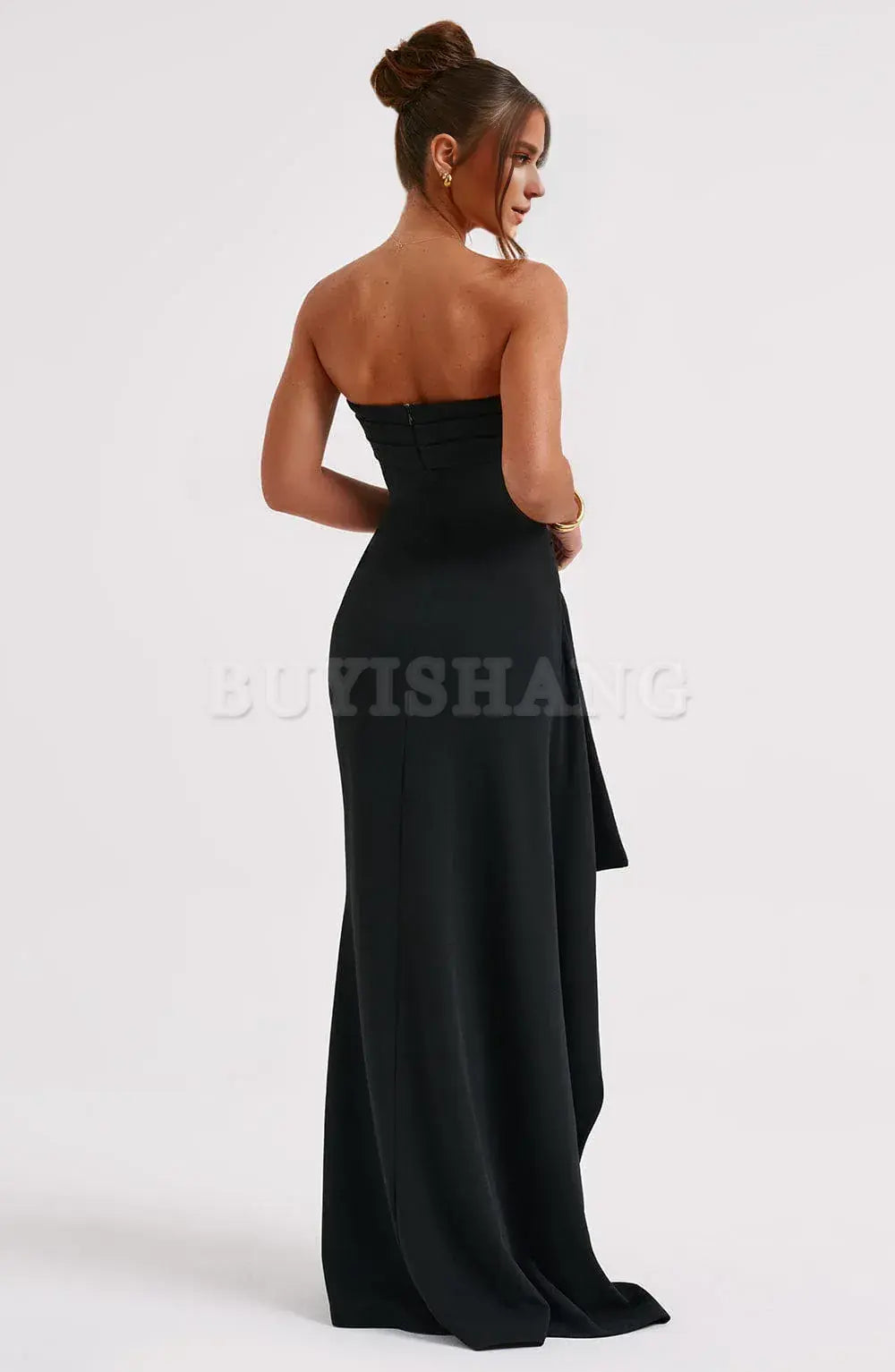 Buyishang Sexy Strapless Prom Dresses for Women Satin Backless High Split Evening Gowns Ruched Formal Dress