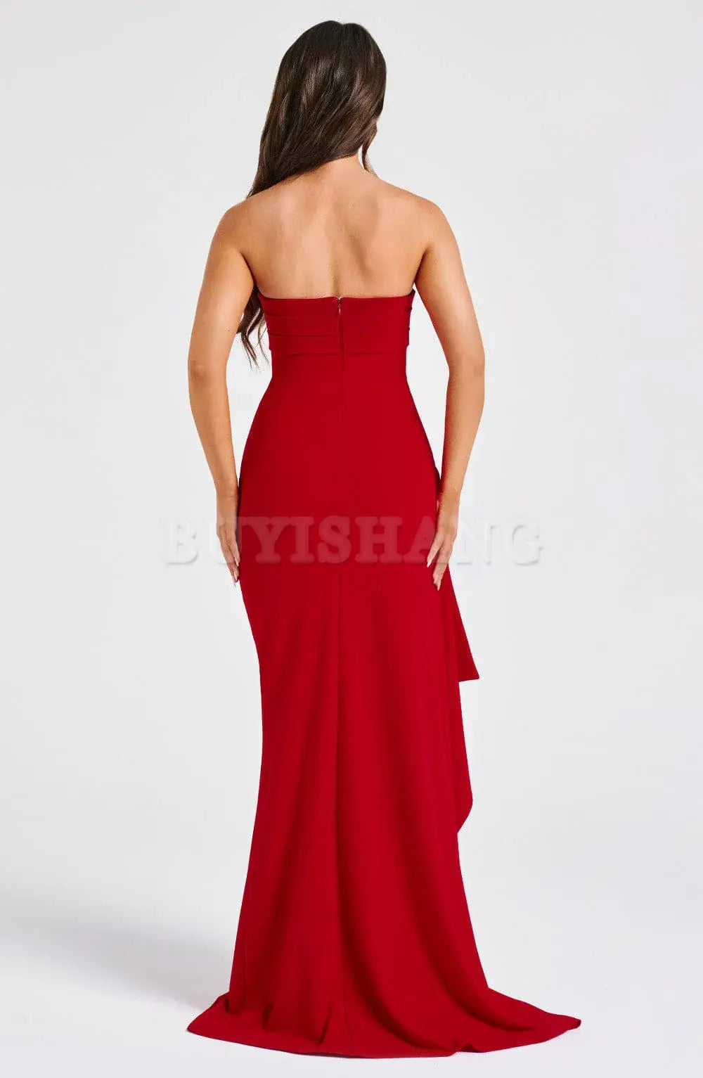Buyishang Sexy Strapless Prom Dresses for Women Satin Backless High Split Evening Gowns Ruched Formal Dress