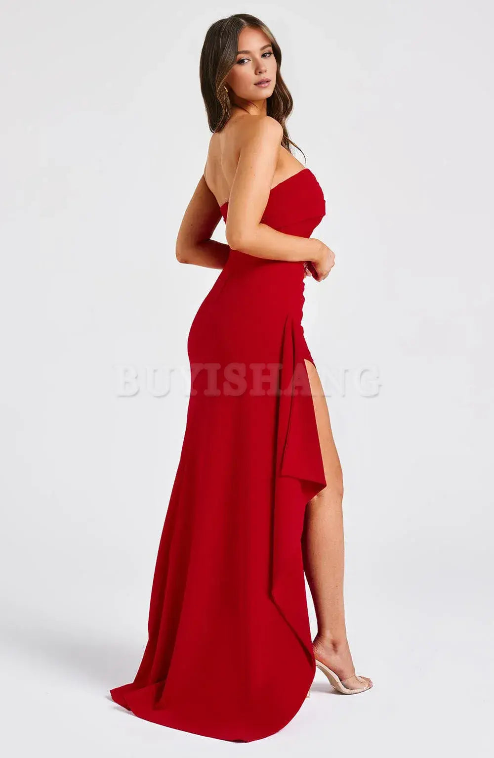 Buyishang Sexy Strapless Prom Dresses for Women Satin Backless High Split Evening Gowns Ruched Formal Dress