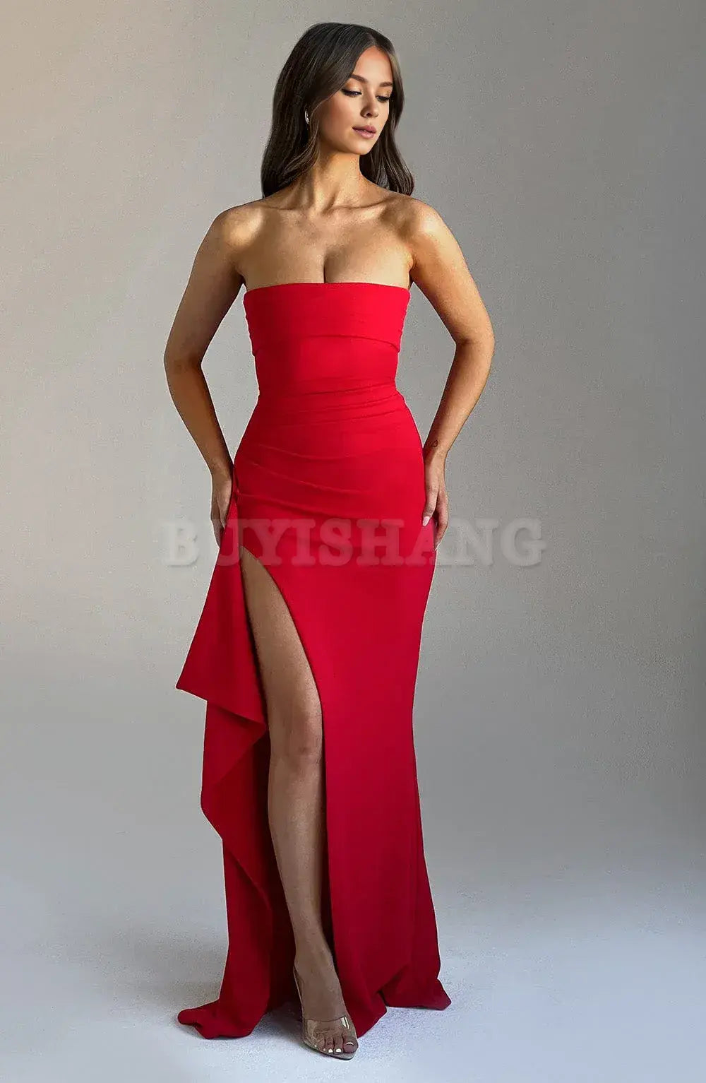 Buyishang Sexy Strapless Prom Dresses for Women Satin Backless High Split Evening Gowns Ruched Formal Dress