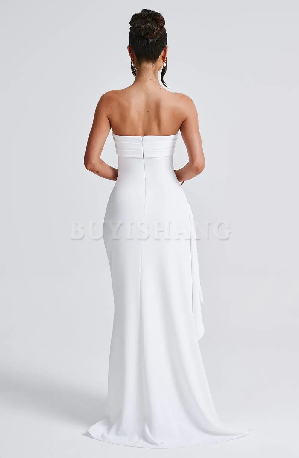 Buyishang Sexy Strapless Prom Dresses for Women Satin Backless High Split Evening Gowns Ruched Formal Dress