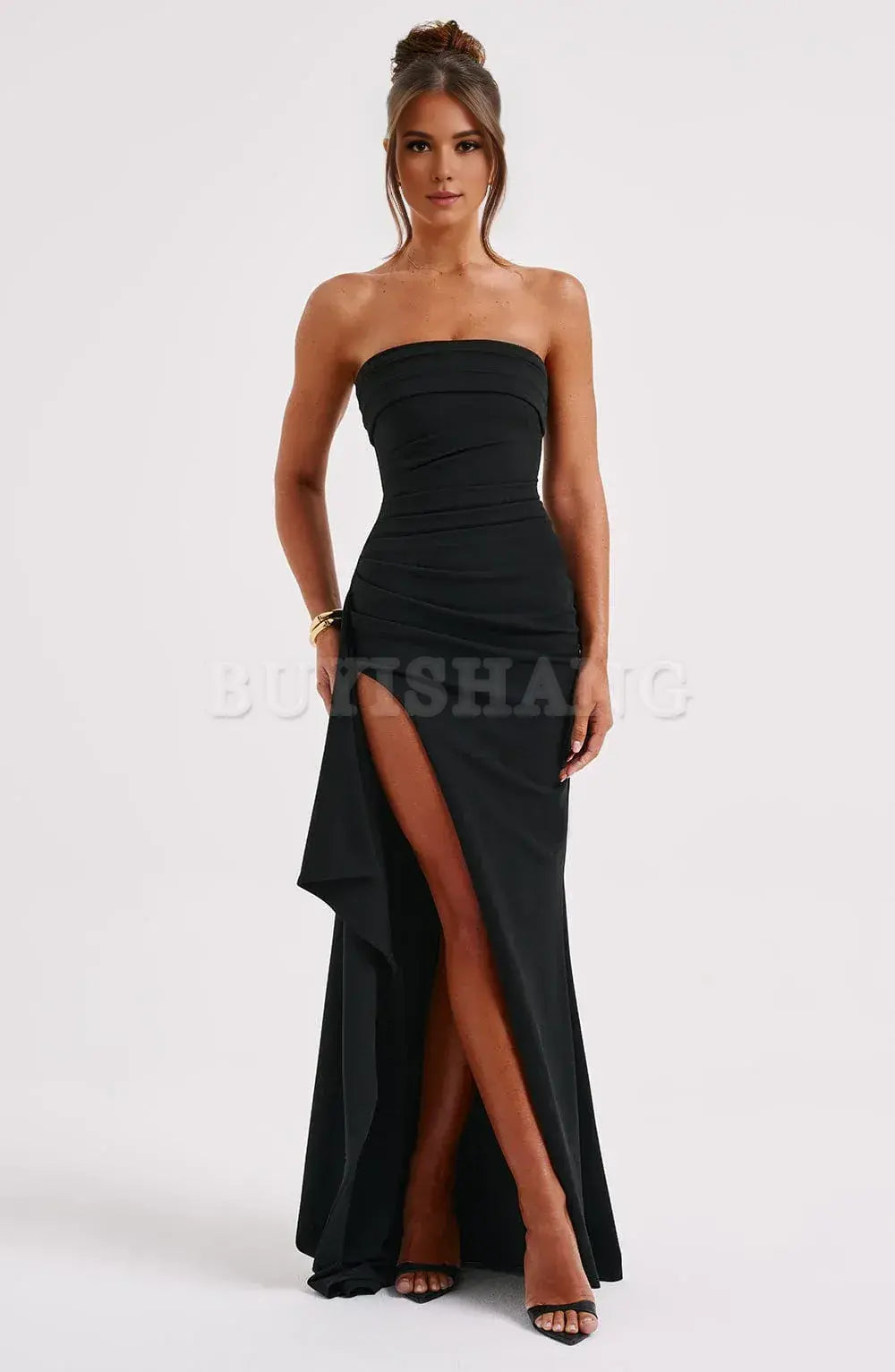 Buyishang Sexy Strapless Prom Dresses for Women Satin Backless High Split Evening Gowns Ruched Formal Dress