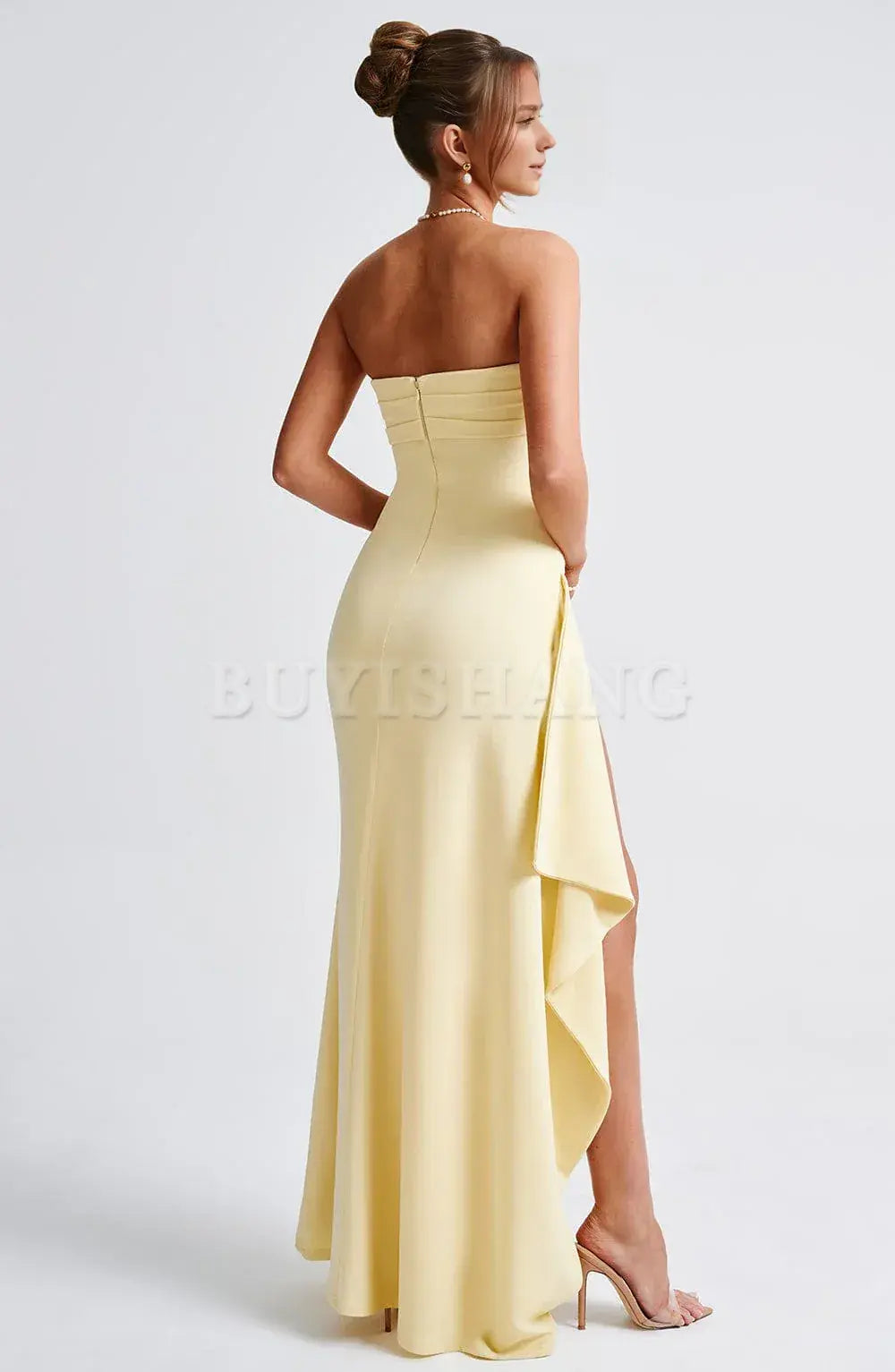 Buyishang Sexy Strapless Prom Dresses for Women Satin Backless High Split Evening Gowns Ruched Formal Dress