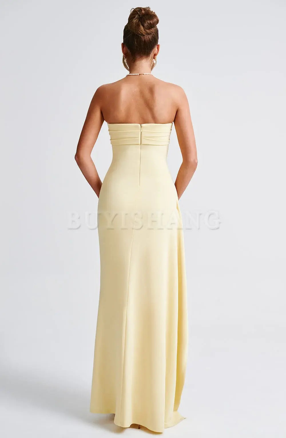 Buyishang Sexy Strapless Prom Dresses for Women Satin Backless High Split Evening Gowns Ruched Formal Dress