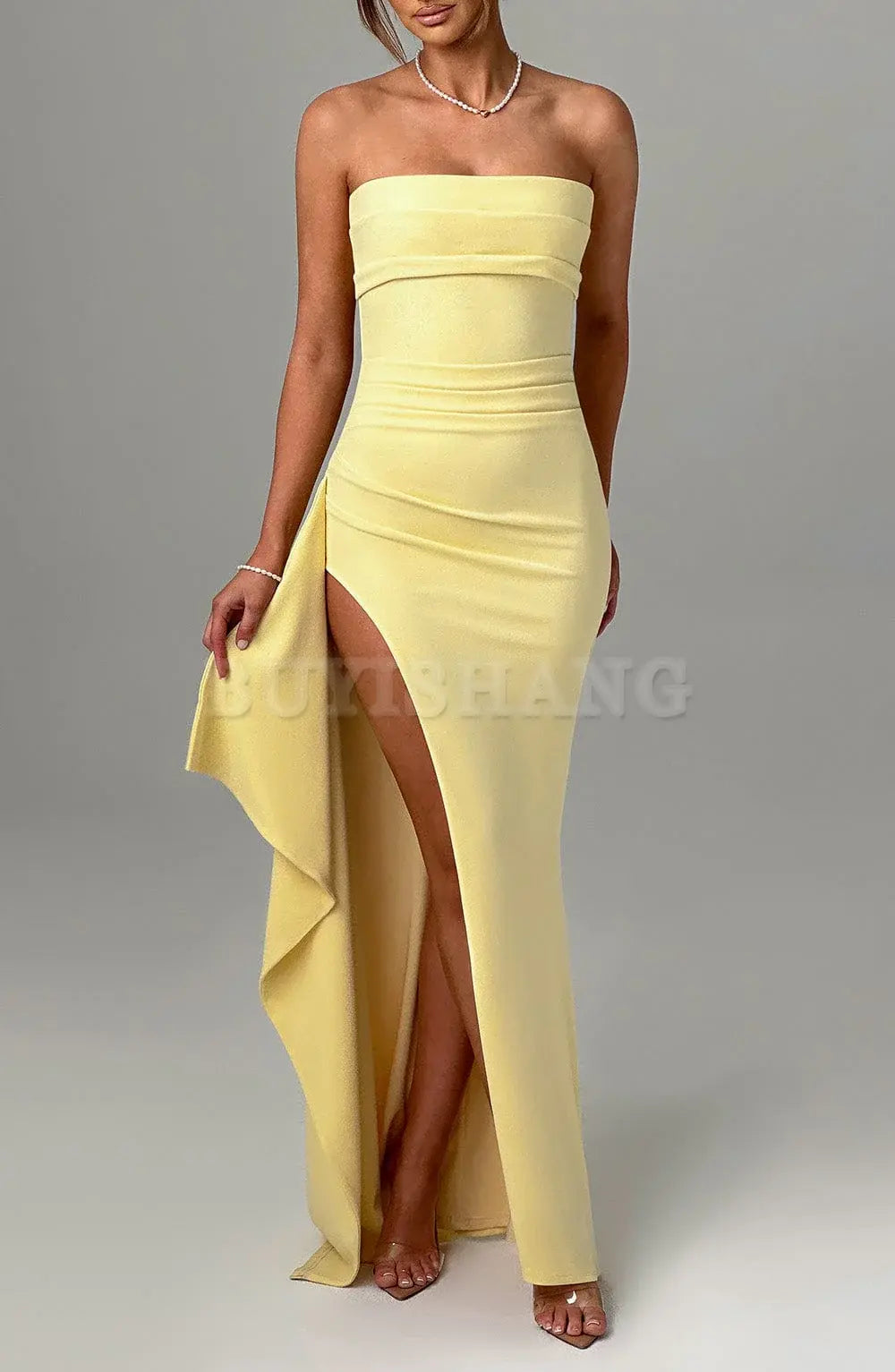 Buyishang Sexy Strapless Prom Dresses for Women Satin Backless High Split Evening Gowns Ruched Formal Dress