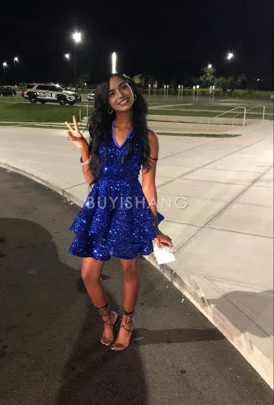 Buyishang Simple Sexy Women Royal Blue Sequin Homecoming Dress A line Spaghetti Straps With Ruffles