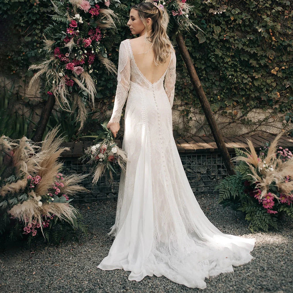 Sheath Mermaid Brush Train Long Sleeve Backless Lace Scoop Wedding Dress Gown