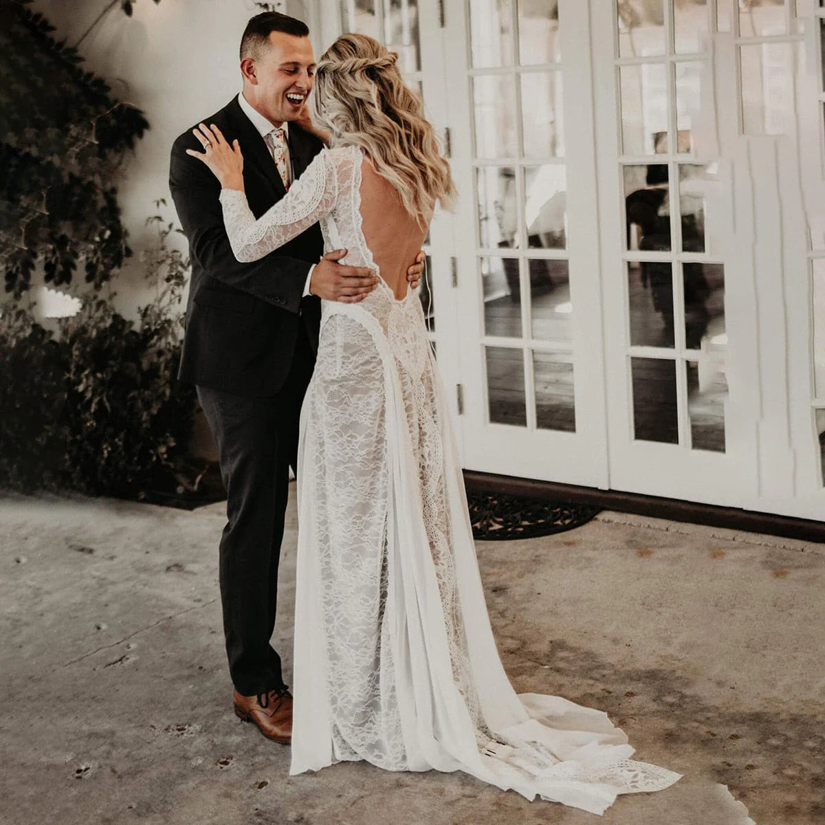 Sheath Mermaid Brush Train Long Sleeve Backless Lace Scoop Wedding Dress Gown