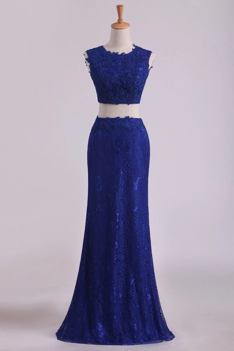 Sheath Open Back Two Pieces Party Dresses Lace With Applique & Beading Dark Royal Blue