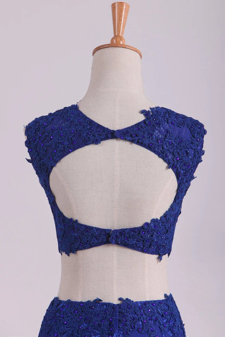 Sheath Open Back Two Pieces Party Dresses Lace With Applique & Beading Dark Royal Blue