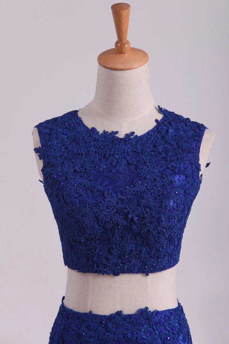 Sheath Open Back Two Pieces Party Dresses Lace With Applique & Beading Dark Royal Blue