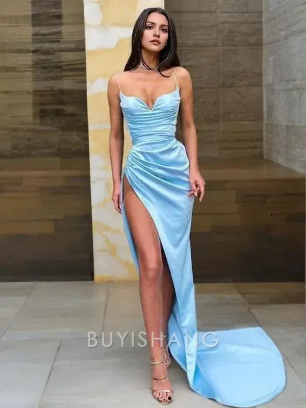 Buyishang Simple Sheath/Column Spaghetti Straps Sweep Train Satin Prom Dresses With Leg Slit formal wear dresses