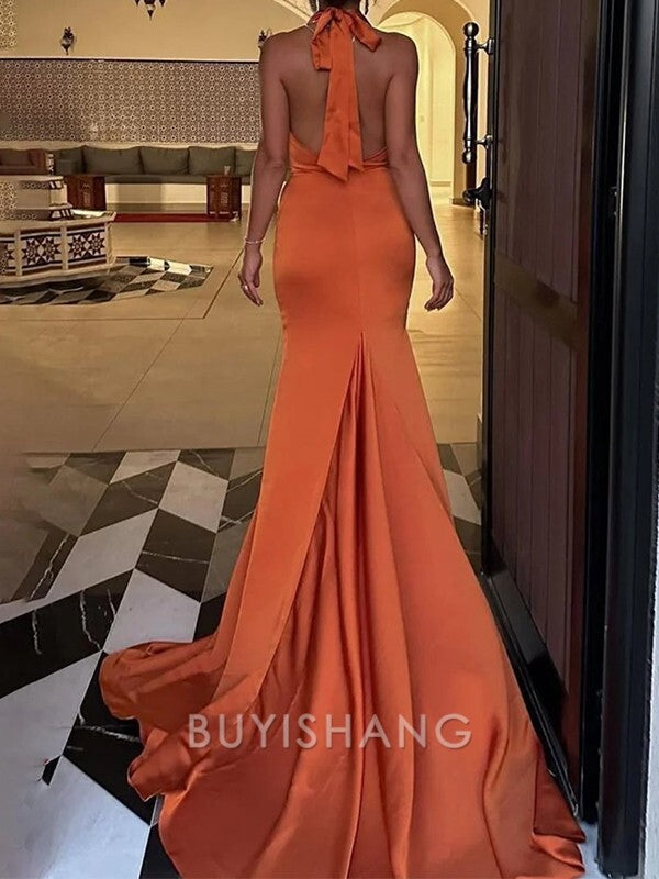 Buyishang Simple Sheath Halter Pleated Chapel Train Charmeuse Dress formal wear dresses