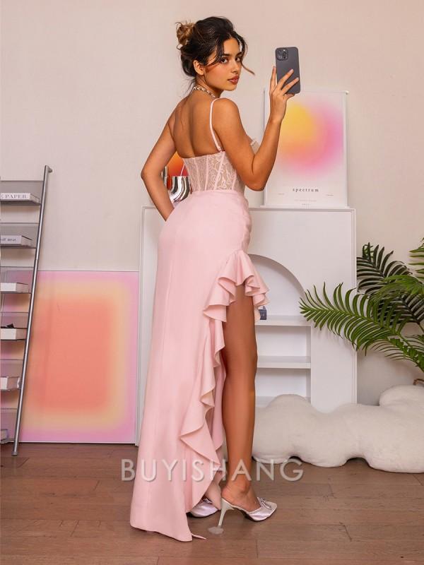 Buyishang Simple Sheath Spaghetti Straps Appliques Lace Floor-Length Stretch Crepe Corset Dress