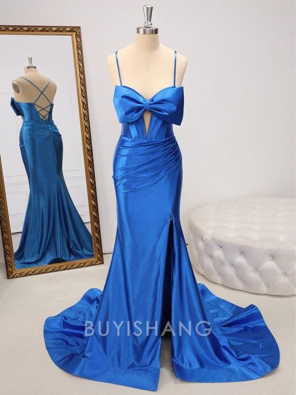 Buyishang Simple Sheath Spaghetti Straps Bow Sweep Train Corset Dress formal wear dresses