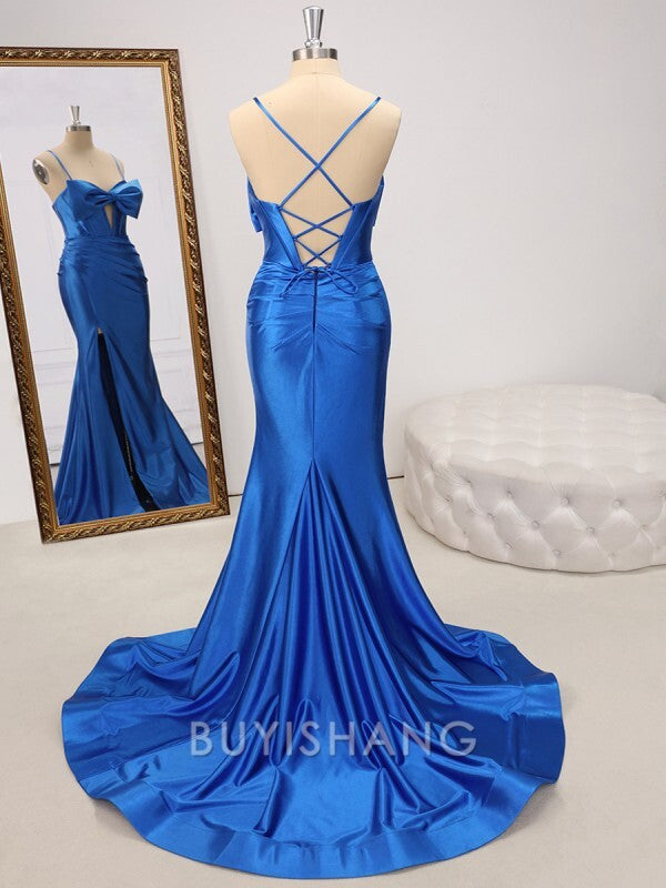 Buyishang Simple Sheath Spaghetti Straps Bow Sweep Train Corset Dress formal wear dresses