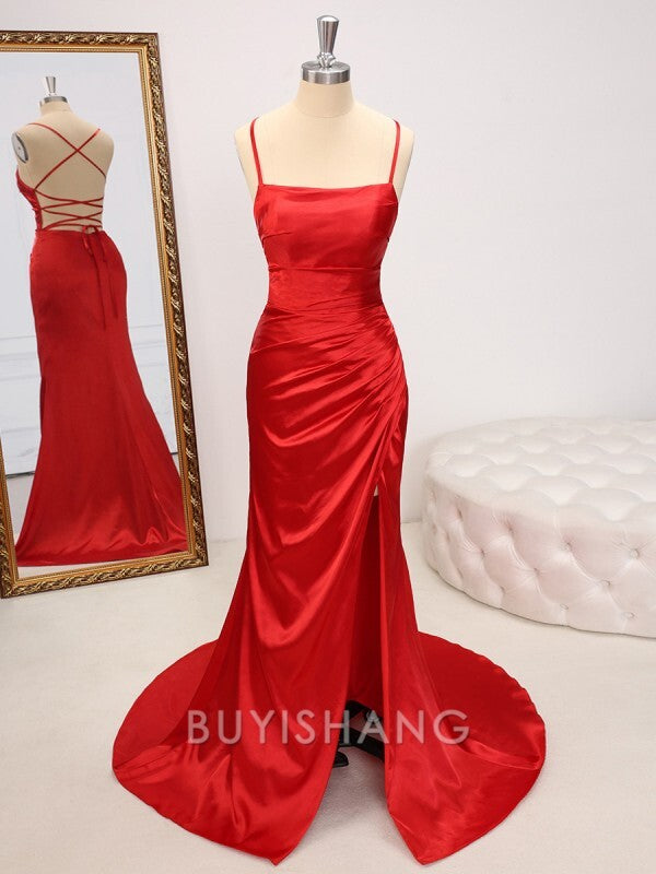 Buyishang Simple Sheath Spaghetti Straps Pleated Sweep Train Silk Like Satin Dress formal wear dresses