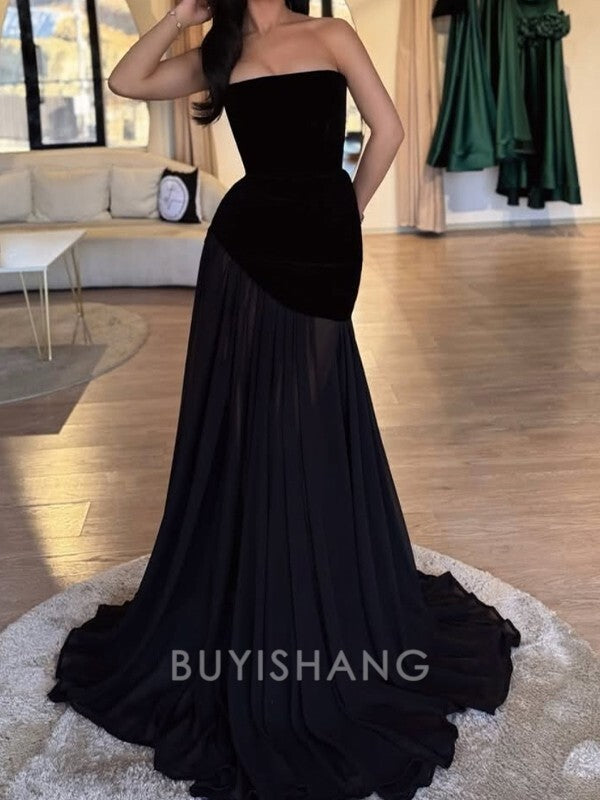 Buyishang Simple Sheath Straight Ruffles Sweep Train Chiffon Dress