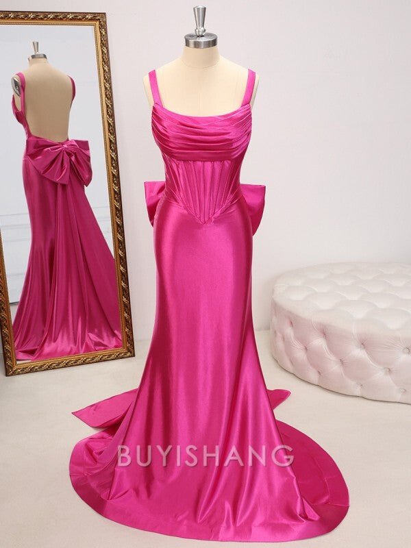 Buyishang Simple Sheath Straps Bow Sweep Train Corset Dress