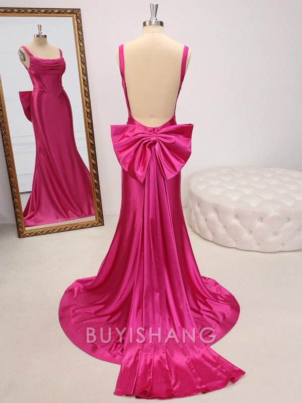 Buyishang Simple Sheath Straps Bow Sweep Train Corset Dress