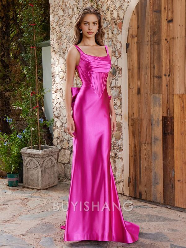 Buyishang Simple Sheath Straps Bow Sweep Train Corset Dress formal wear dresses