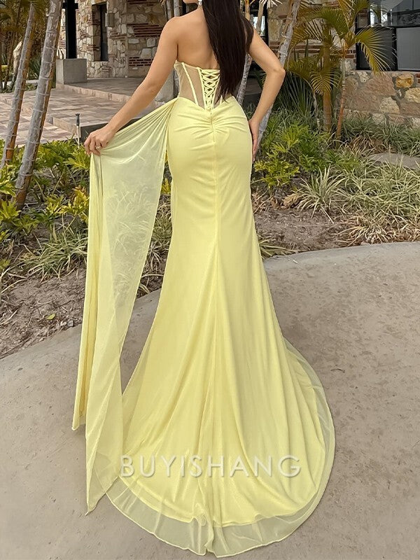 Buyishang Simple Sheath Sweetheart Pleated Court Train Chiffon Corset Dress