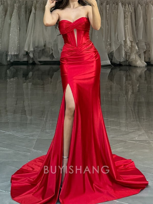 Buyishang Simple Sheath Sweetheart Pleated Sweep Train Silk Like Satin Corset Dress