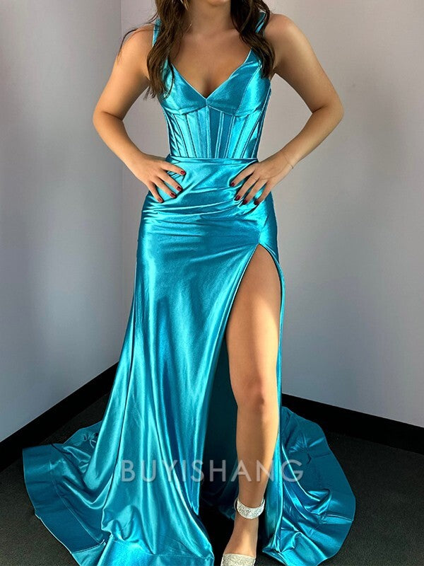 Buyishang Simple Sheath V-neck Pleated Court Train Silk Like Satin Corset Dress formal wear dresses